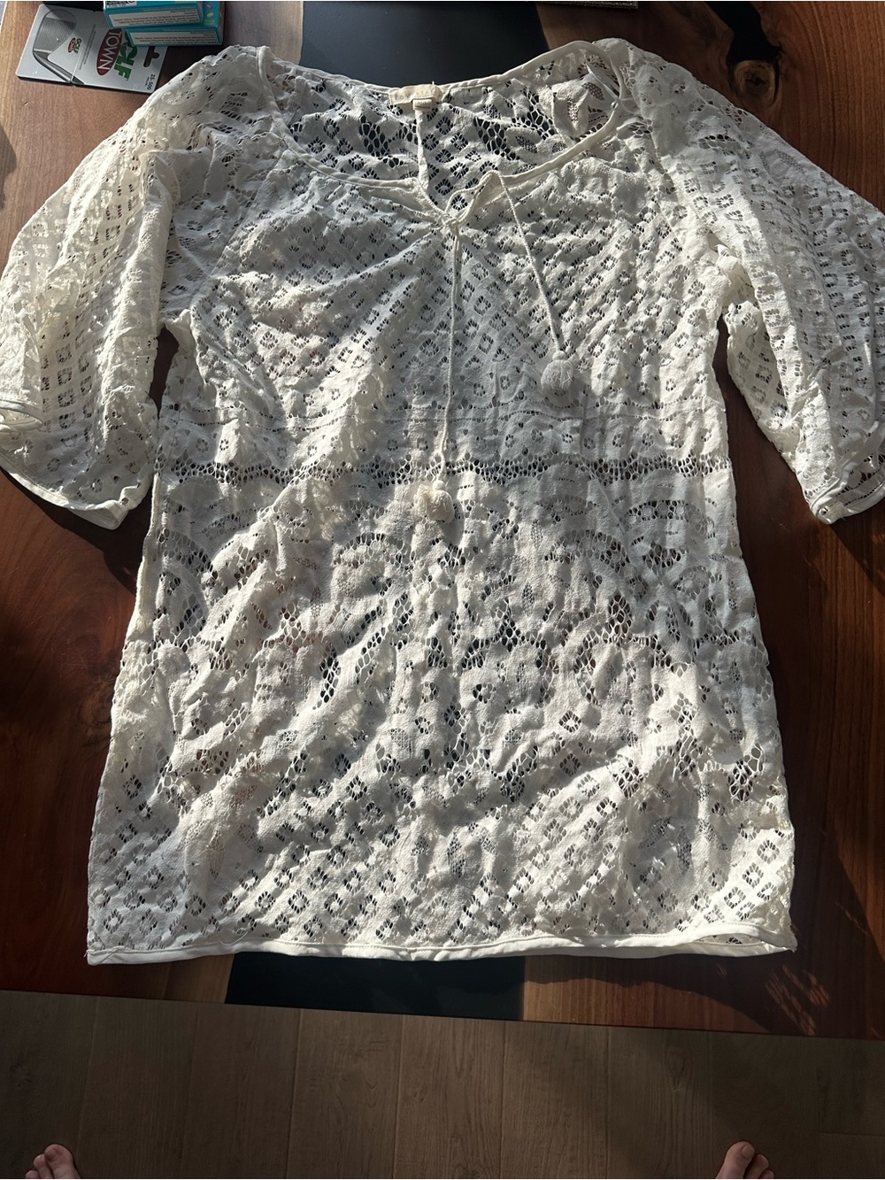 Love Stitch Cream Crochet Lace Tunic with Pom Tie